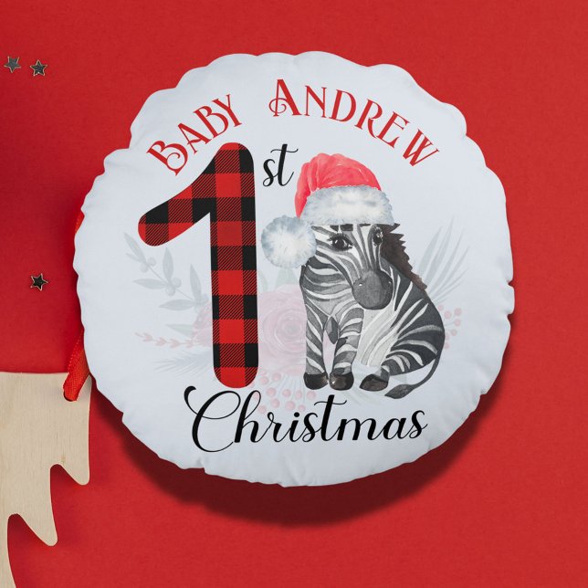 Baby's First Christmas Cute Zebra Santa Hat Name Round Cushion (Creator Uploaded)