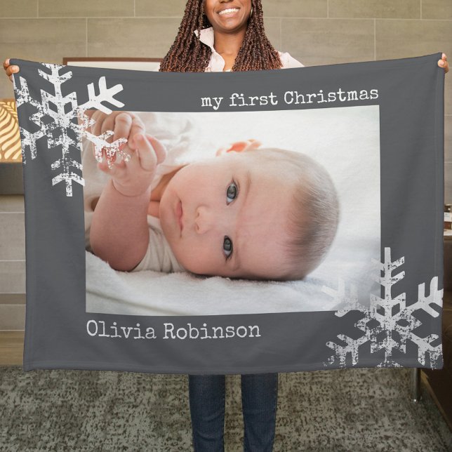 Baby's First Christmas Dark Grey Photo Snowflakes Fleece Blanket (Snowflake Baby's 1st Christmas holiday keepsake photo ornament perfect to bring joy to others.)