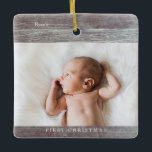Baby's First Christmas Dark Wood Picture Monogram2 Ceramic Ornament<br><div class="desc">Make your Christmas tree a little more personal and fun with a family or personal photo and Merry Christmas message on this monogram photo faux dark wood Christmas tree ornament. Hang this ornament so it also shows off your baby on the front or both the baby and the monogram on...</div>