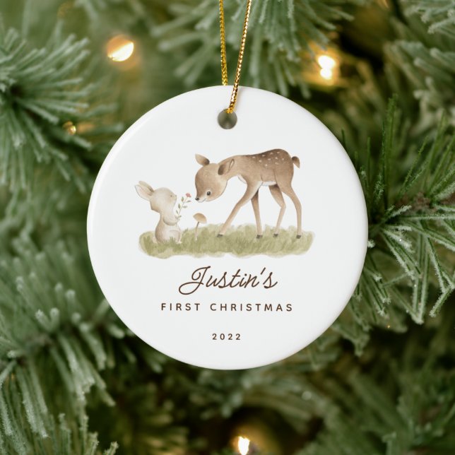 Baby's First Christmas Deer Bunny Ceramic Ornament (Tree)