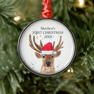 Baby's First Christmas Deer Watercolor Forest Boy Metal Tree Decoration