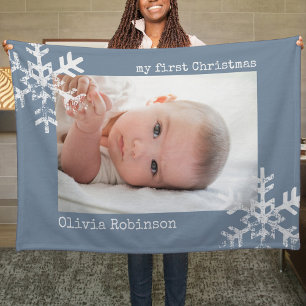 Baby's First Christmas Dusty Blue Photo Snowflakes Fleece Blanket