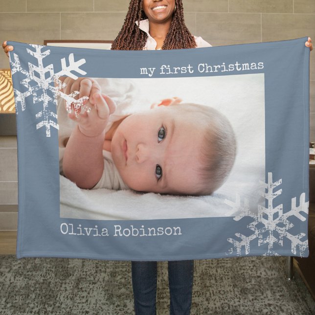 Baby's First Christmas Dusty Blue Photo Snowflakes Fleece Blanket (Snowflake Baby's 1st Christmas holiday keepsake photo ornament perfect to bring joy to others.)