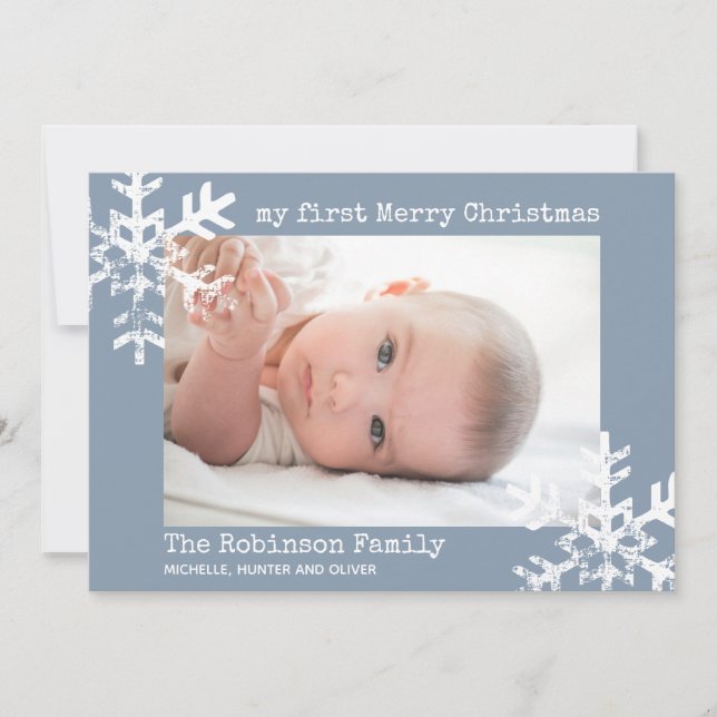 Baby's First Christmas Dusty Blue Photo Snowflakes Holiday Card (Front)