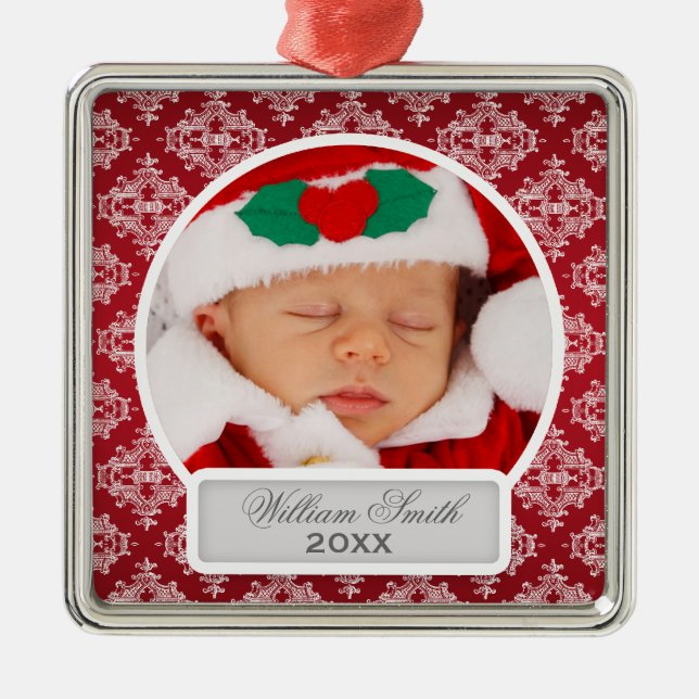 Baby's First Christmas Elegant Damask Red Metal Tree Decoration (Front)