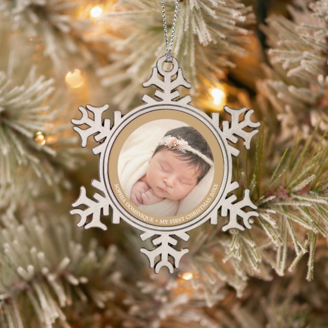 Baby's First Christmas Elegant Photo Snowflake Pewter Christmas Ornament (Tree)