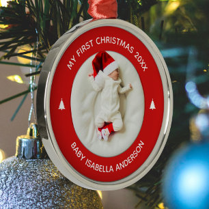 Baby's First Christmas Elegant Red Keepsake Photo Metal Tree Decoration