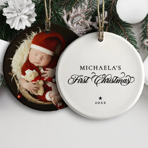 Baby's First Christmas Elegant Script Photo Ceramic Tree Decoration