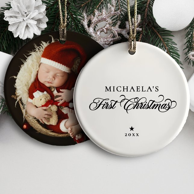 Baby's First Christmas Elegant Script Photo Ceramic Tree Decoration (Creator Uploaded)