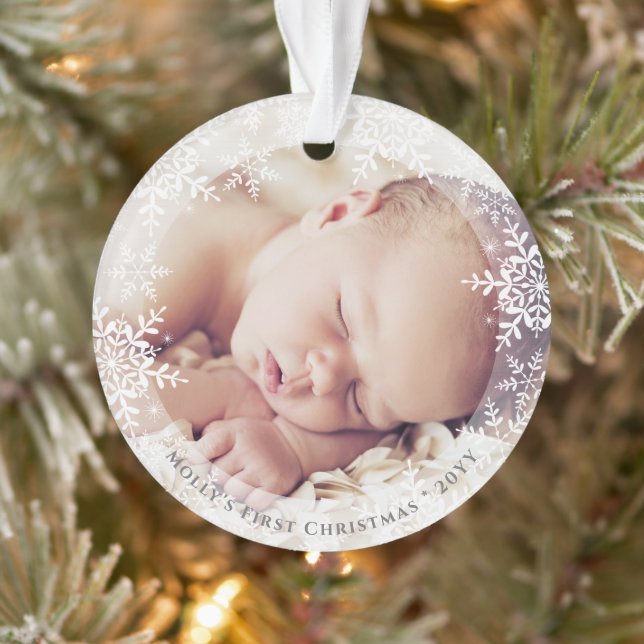 Baby's First Christmas Elegant Snowflakes Photo Ornament (Tree)