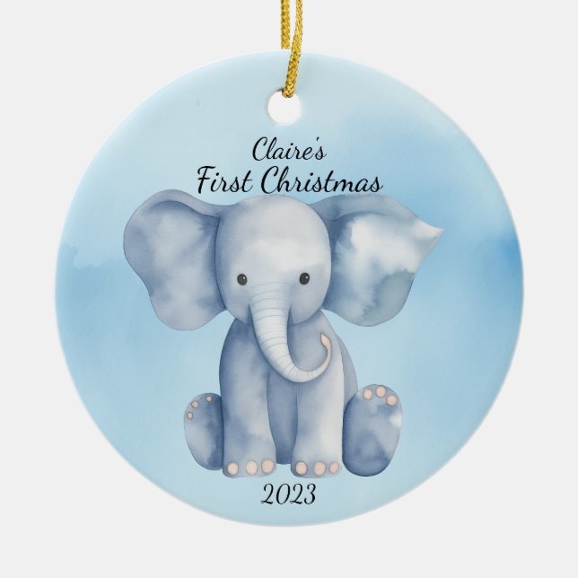 Baby's First Christmas Elephant Blue Personalised Ceramic Tree Decoration (Front)