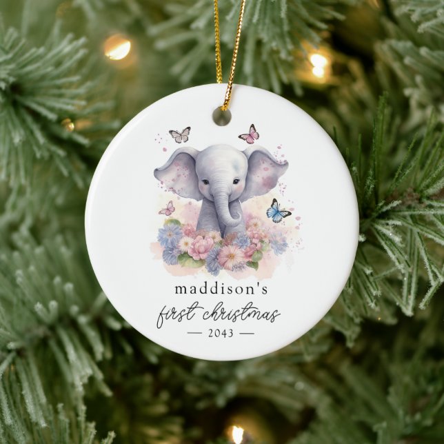 Baby's First Christmas Elephant Calligraphy Ceramic Tree Decoration (Tree)