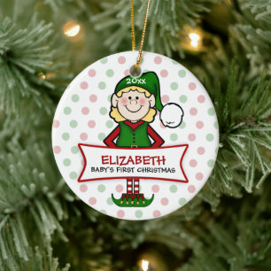 Baby's First Christmas Elf Girl Ceramic Tree Decoration