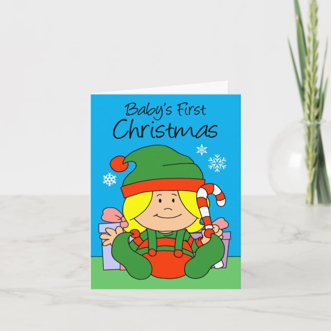 Baby's First Christmas Elf Girl Holiday Card (Front)