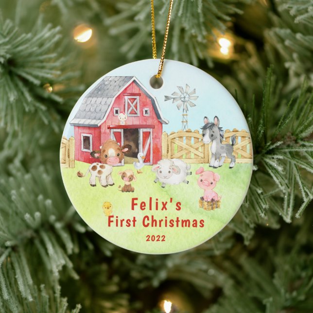 Baby's First Christmas Farm Friends 2 Sided Photo Ceramic Tree Decoration (Tree)