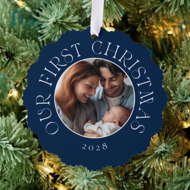 Baby's First Christmas Festive Blue Family Photo Tree Decoration Card (Insitu (Tree))