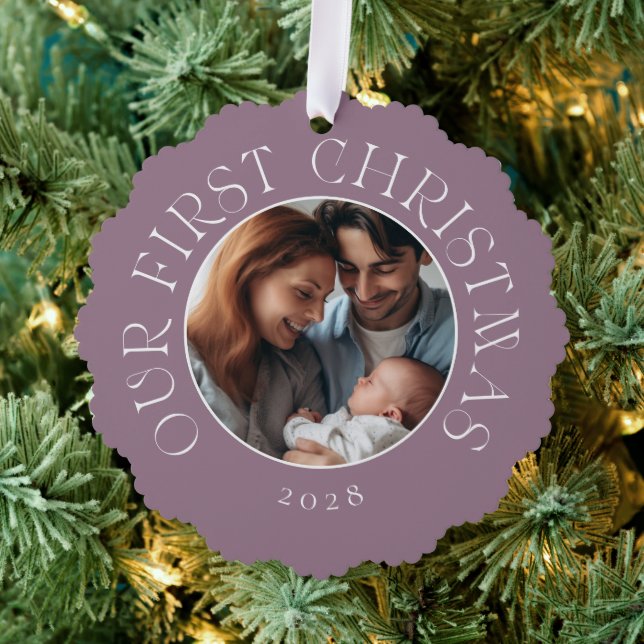 Baby's First Christmas Festive Purple Family Photo Tree Decoration Card (Insitu (Tree))