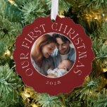 Baby's First Christmas Festive Red Family Photo Tree Decoration Card<br><div class="desc">Baby's First Christmas Festive Red Family Photo Ornament Card that doubles as a new baby announcement card,  christmas tree decoration or gift tag.</div>