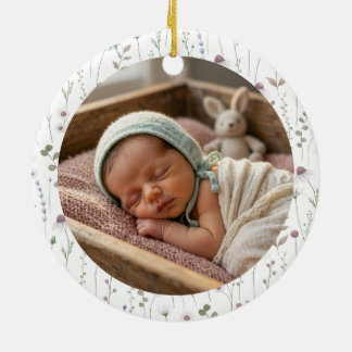 Baby's First Christmas Floral Watercolor Photo Ceramic Tree Decoration