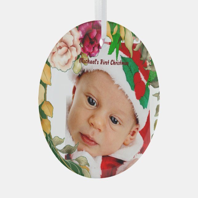 Baby's First Christmas Floral Wreath Custom Photo Glass Tree Decoration (Front Right)