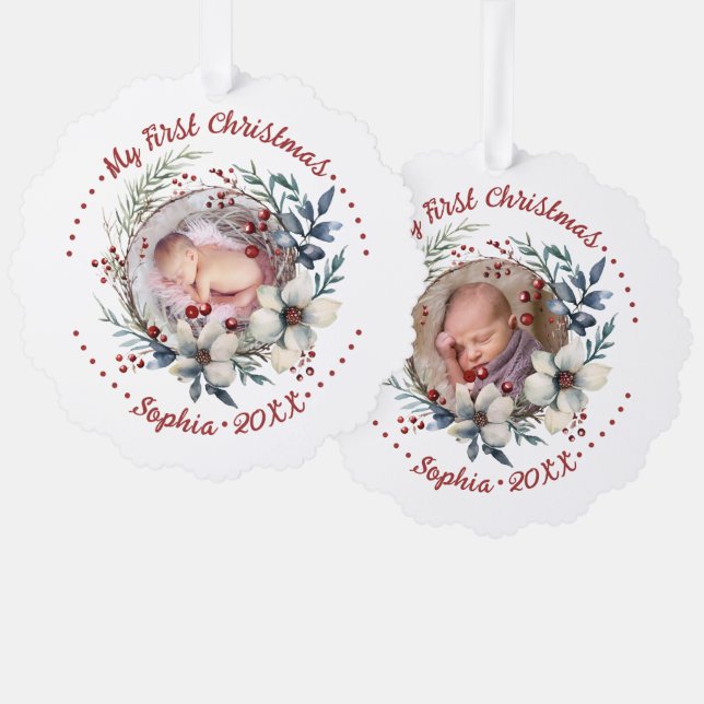 Baby's First Christmas floral wreath photo Tree Decoration Card (Front/Back)