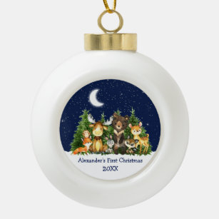 Baby's First Christmas Forest Animals Blue Ceramic Ball Christmas Ornament