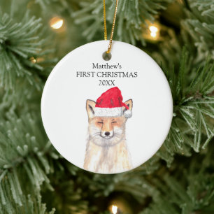 Baby's First Christmas Fox Watercolor Forest Boy Ceramic Tree Decoration