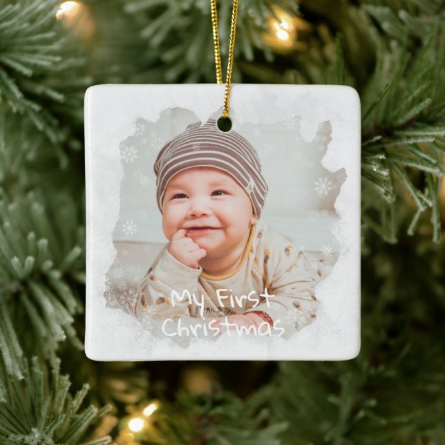 Baby's First Christmas Frosted Glass Custom Photo Ceramic Ornament (Tree)