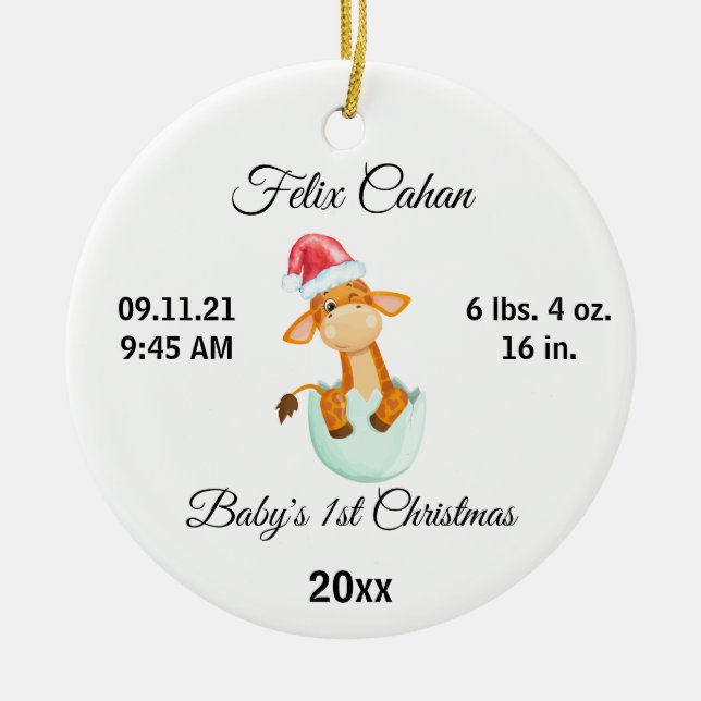 Baby's First Christmas Giraffe, Custom Birth Stats Ceramic Tree Decoration (Front)