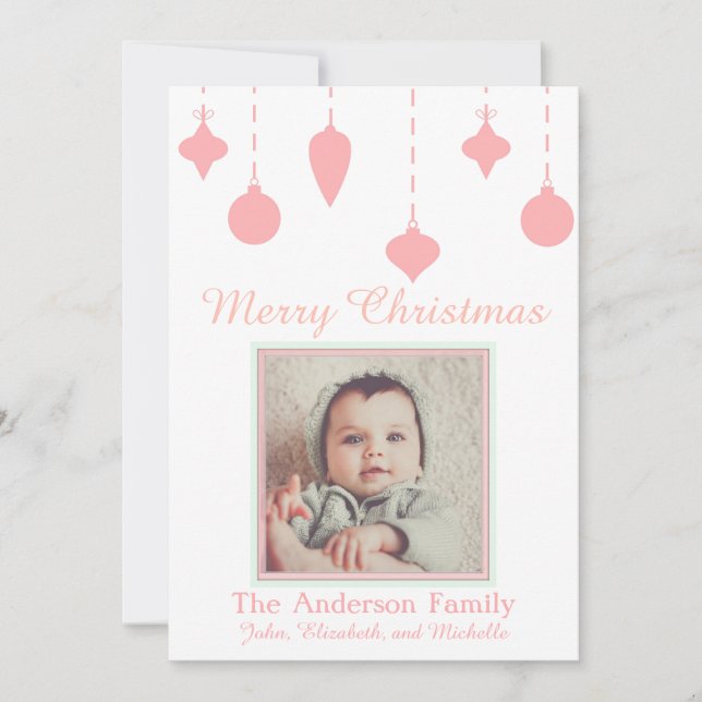 Baby's First Christmas Girl Pink Green Holiday Card (Front)