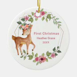 Babys First Christmas Girls Deer  Personalised Ceramic Tree Decoration