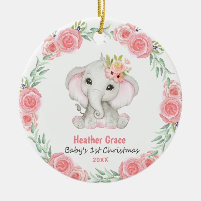 Babys First Christmas Girls Elephant Personalised Ceramic Tree Decoration (Front)