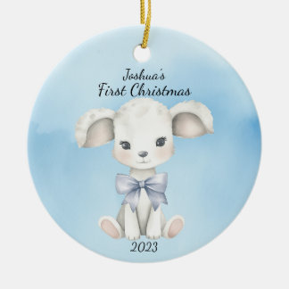Baby's First Christmas Goat Blue Personalised Ceramic Tree Decoration