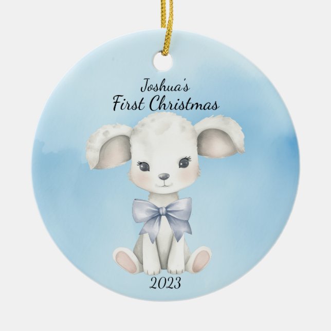 Baby's First Christmas Goat Blue Personalised Ceramic Tree Decoration (Front)