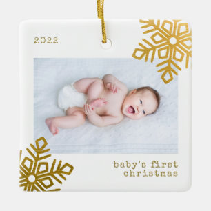 Baby's First Christmas Gold Foil Snowflake Photo Ceramic Ornament