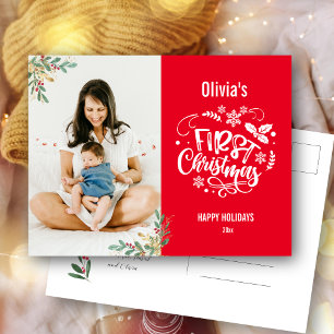 Baby's First Christmas   Gold Foliage Photo Holiday Postcard