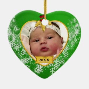 Baby's First Christmas Green Gold Photo Ceramic Tree Decoration