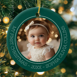 Baby's First Christmas Green Modern Photo Newborn Ceramic Tree Decoration