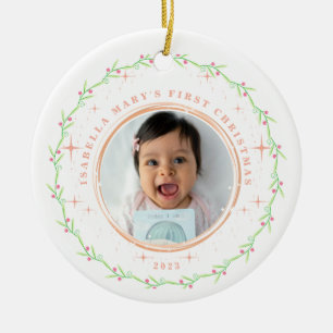 Baby's First Christmas Green Pink Photo Ornament
