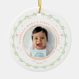 Baby's First Christmas Green Pink Photo Ornament