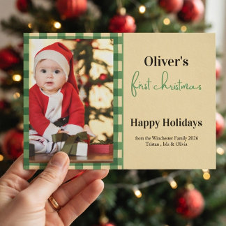 Baby's First Christmas Green Plaid Photo Invitation
