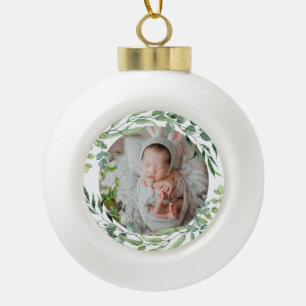 Baby's first christmas green plant frame ceramic ball christmas ornament
