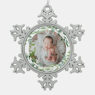 Baby's first christmas green plant frame   snowflake pewter christmas ornament