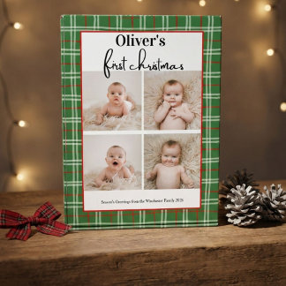 Baby's First Christmas Green Red Plaid 4 Photo Block