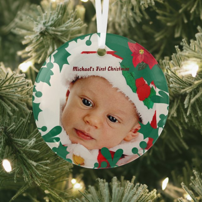 Baby's First Christmas Green Wreath Custom Photo  Glass Tree Decoration (Insitu)