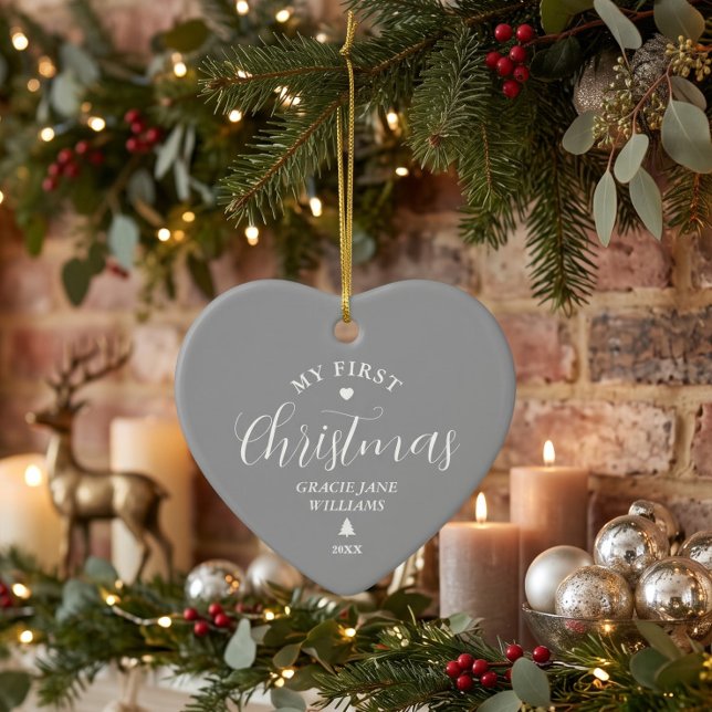 Baby's First Christmas Grey Custom Name Keepsake  Ceramic Tree Decoration (Creator Uploaded)