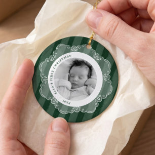 Baby's First Christmas Hand Drawn Stripe Photo Ceramic Tree Decoration