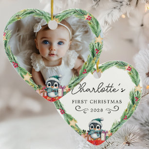 Baby's First Christmas – Heart & Penguin Photo Ceramic Tree Decoration