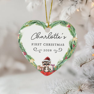 Baby's First Christmas–Heart & Racoon Ceramic Tree Decoration