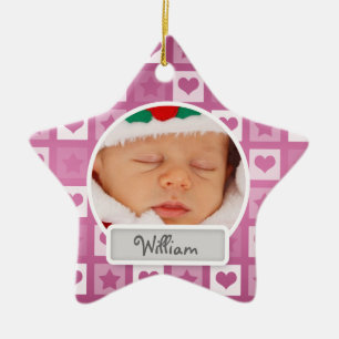 Baby's First Christmas Hearts & Stars Pink Ceramic Tree Decoration